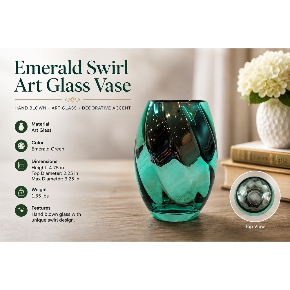 Teal‎ Green Swirl Optic Art Glass Vase Silver Mercury Glass Interior 6 Inch